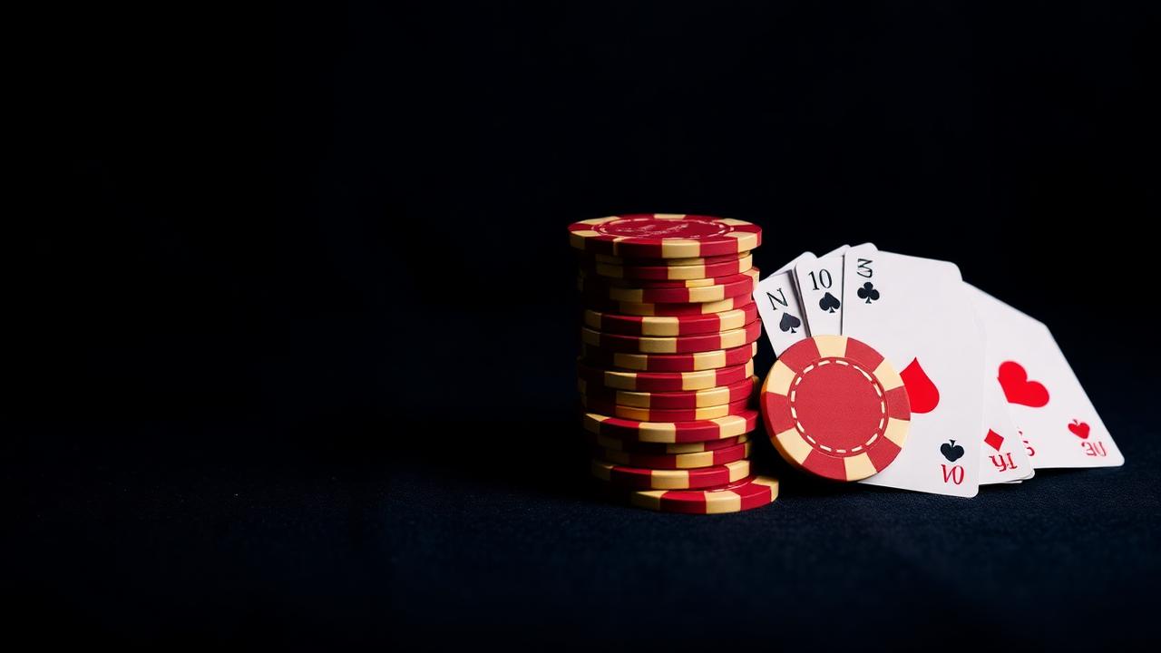 Stack of casino chips and playing cards on a dark felt table