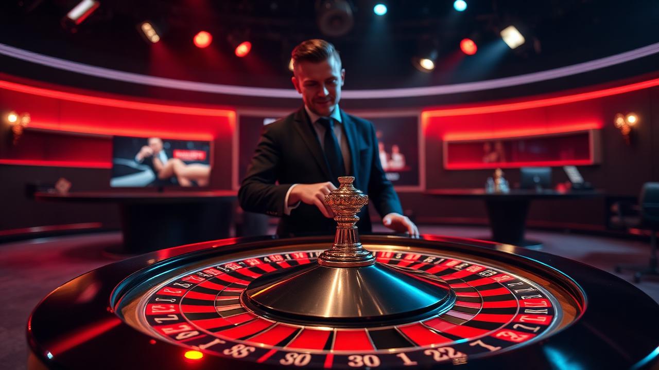 Live roulette dealer spinning the wheel in a broadcast studio