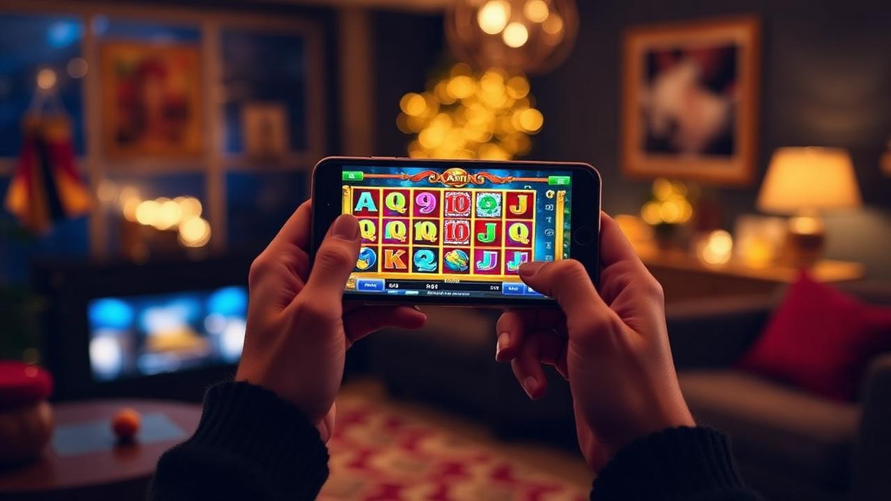 Player using a mobile phone to spin a casino game at home